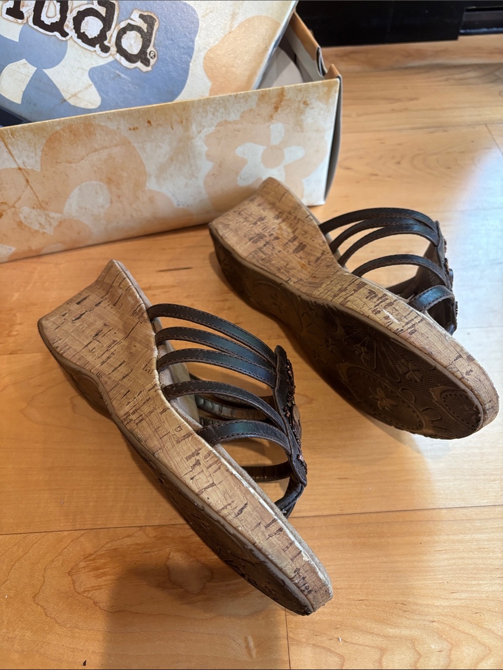 Mudd Dark Brown Beaded Cork Wedge Sandals - Picture 5 of 9